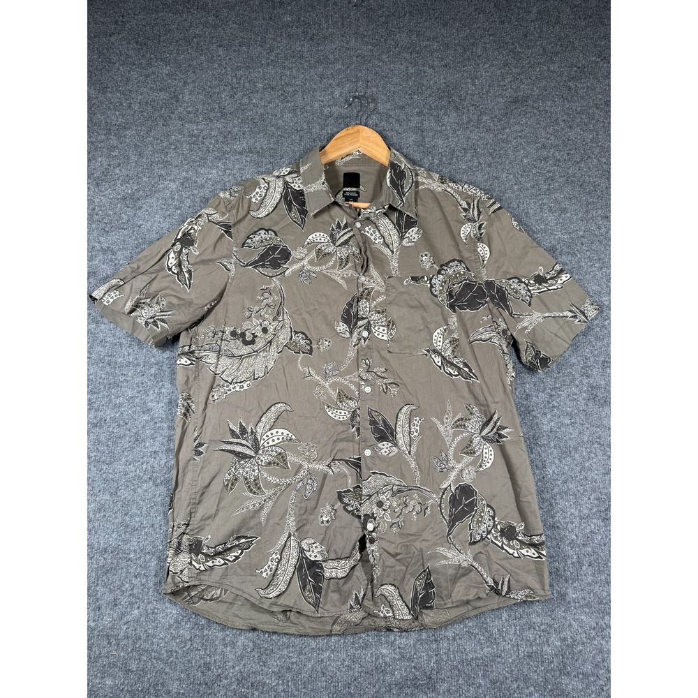 H&M Shirt Mens Large Olive Green Botanical Leaf Print Regular Fit Button Up